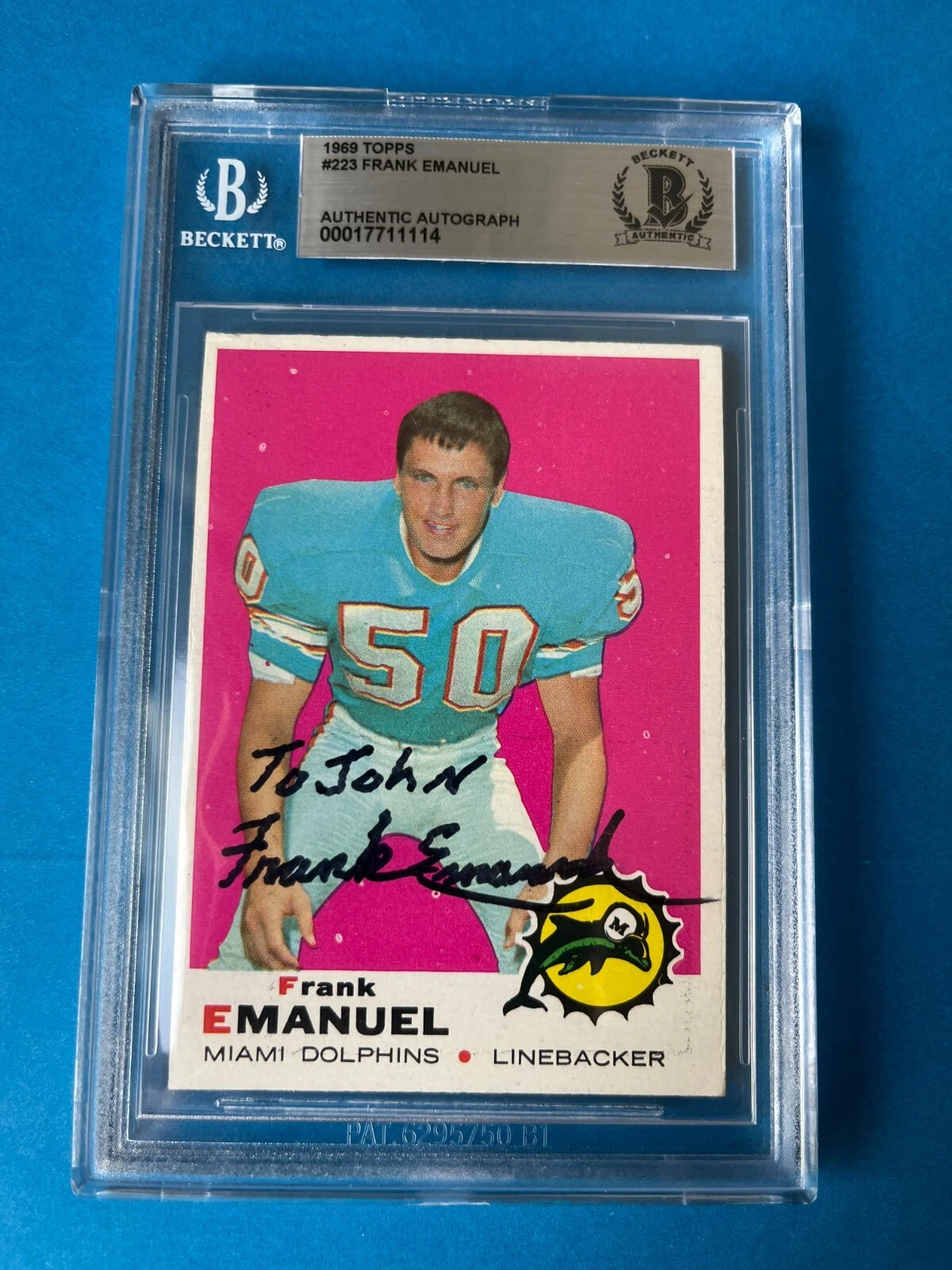Frank Emanuel Dolphins 1969 Topps Card Signed Auto Beckett BAS Slabbed