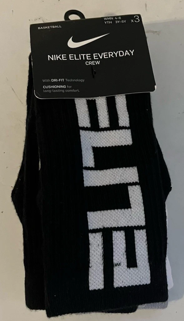 NIKE ELITE EVERYDAY CUSHIONED CREW SOCKS  SX7627 901 (3 PACK) Women’s 4-6 B1