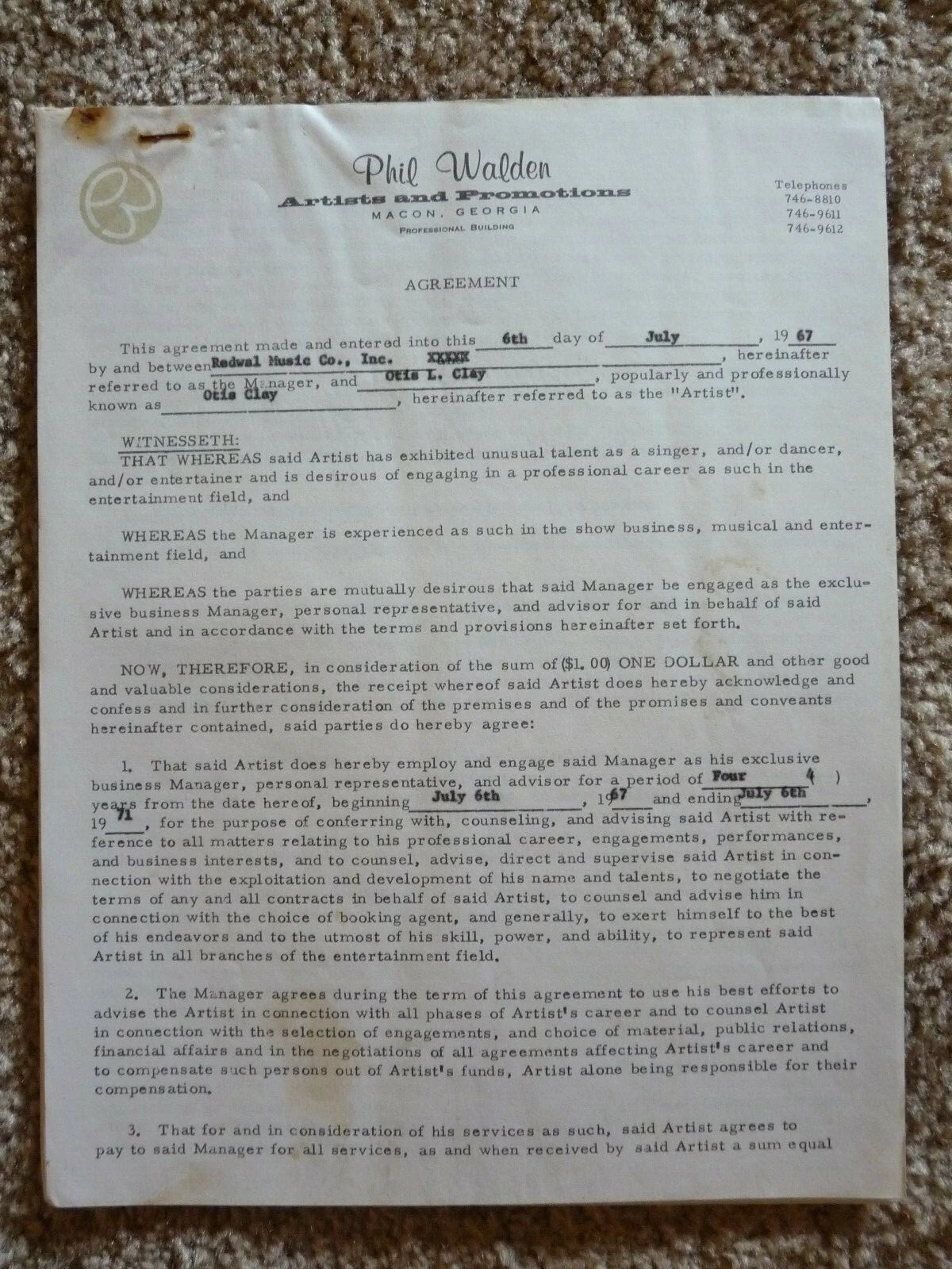 OTIS REDDING & OTIS CLAY SIGNED 1967 CONTRACT AUTOGRAPH REAL COA GUARANTEED