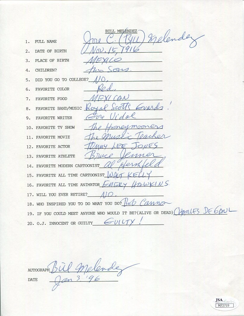 BILL MELENDEZ HAND SIGNED+FILLED OUT 20 QUESTIONS       PEANUTS ANIMATOR     JSA COLLECTIBLE MEMORABILIA