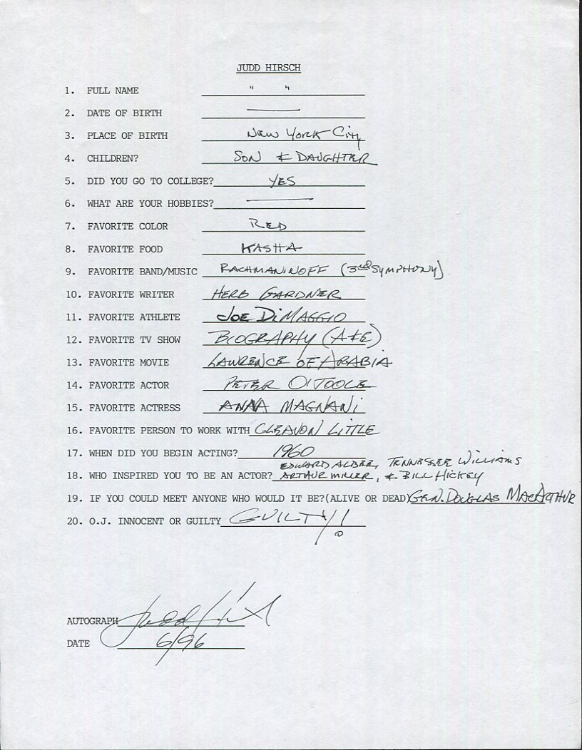 JUDD HIRSCH HAND SIGNED+FILLED OUT 20 QUESTIONS+COA    GREAT ACTOR FROM TAXI