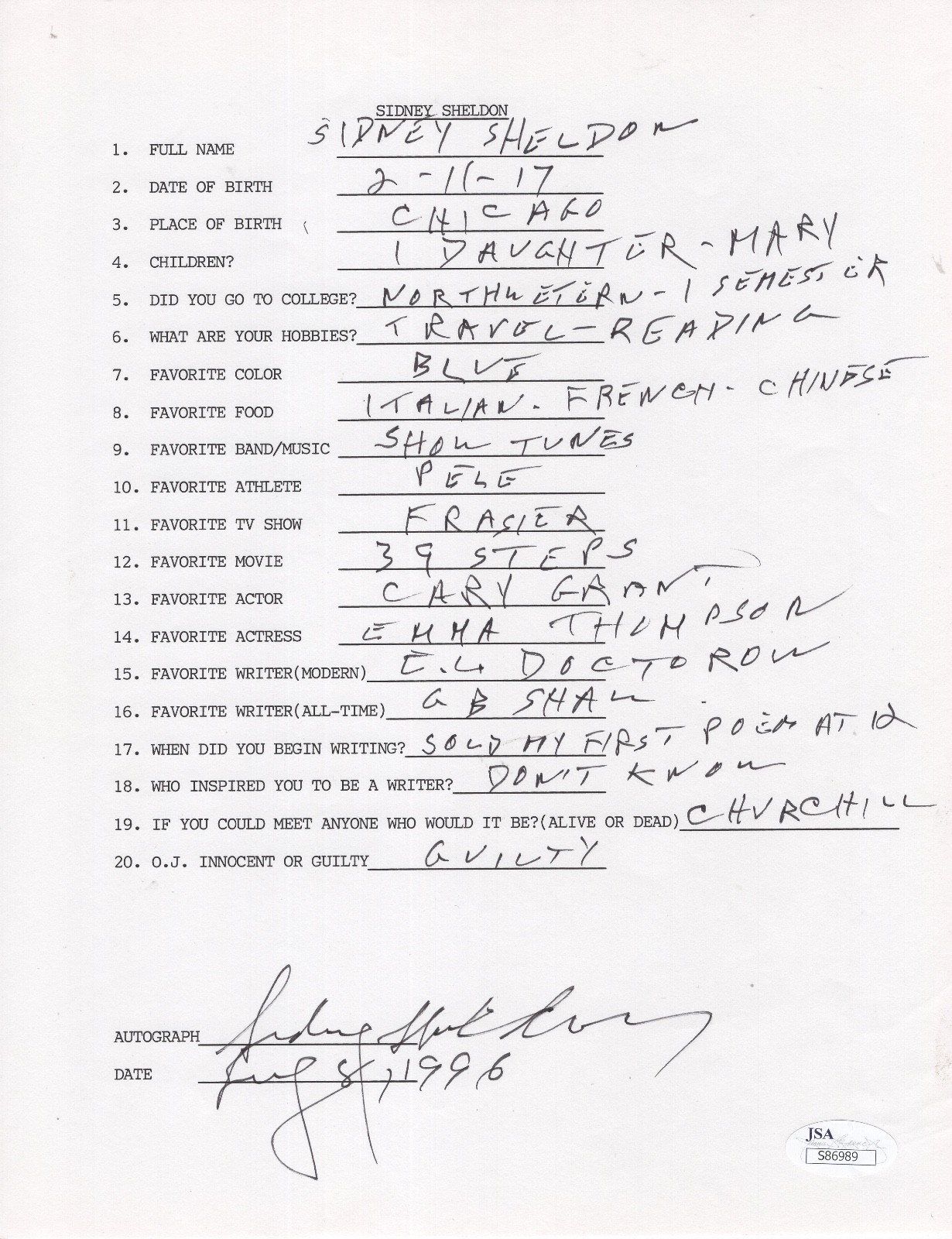 SIDNEY SHELDON HAND SIGNED+FILLED OUT 20 QUESTIONS        GREAT WRITER       JSA COLLECTIBLE MEMORABILIA