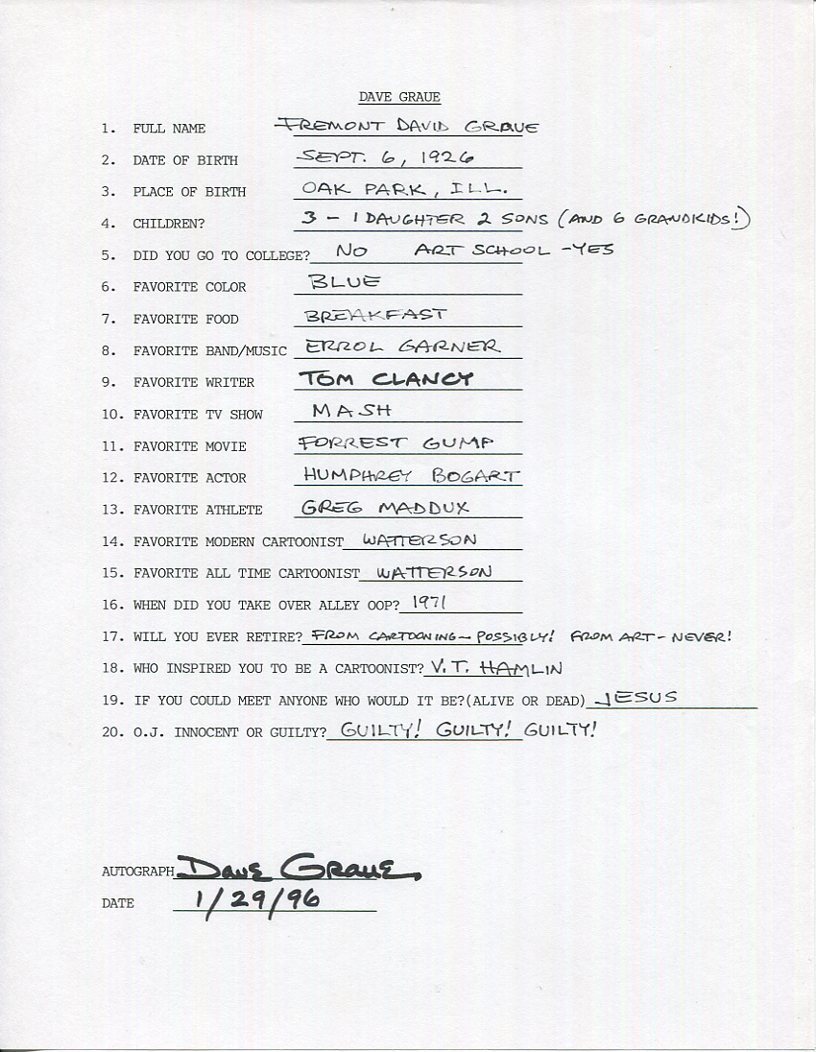 DAVE GRAUE HAND SIGNED+FILLED OUT 20 QUESTIONS+COA         ALLEY OOP CARTOONIST