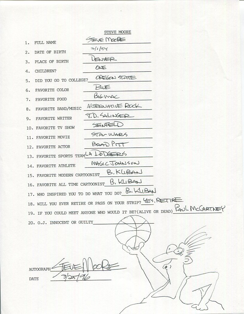 STEVE MOORE SIGNED+FILLED OUT 20 QUESTIONS+COA       IN THE BLEACHERS CARTOONIST