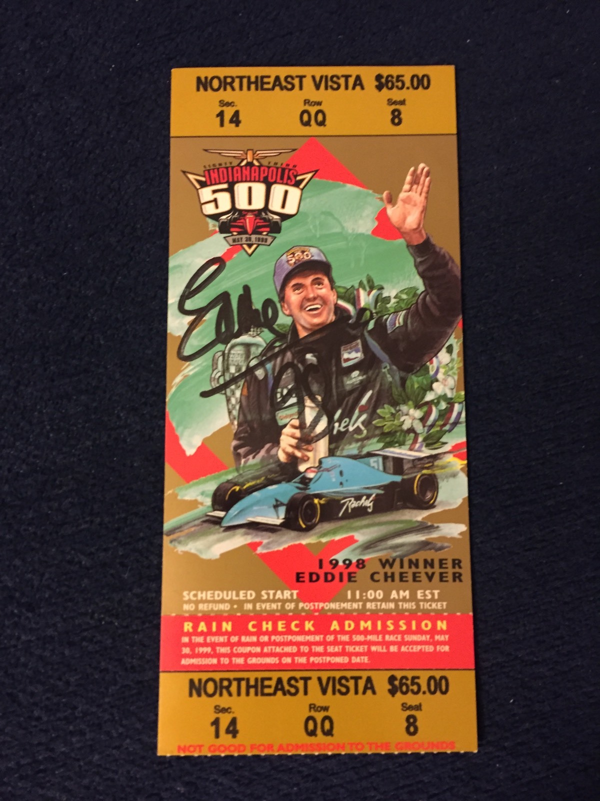 Eddie Cheever Jr 1998 Winner Signed Indianapolis Indy 500 Ticket 1999 Race Auto