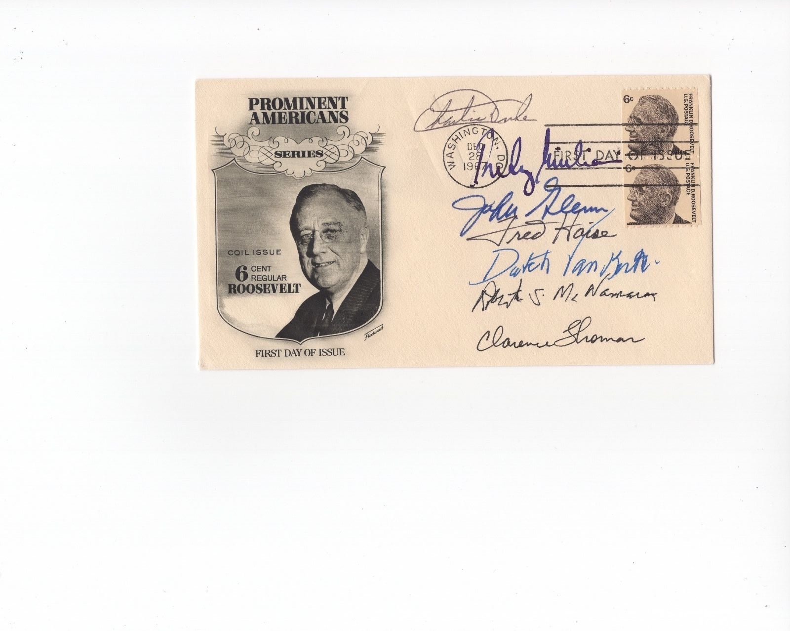 JOHN GLENN+CHARLIE DUKE+HAISE+VAN KIRK+GIULIANI+2 OTHERS SIGNED FDC       JSA