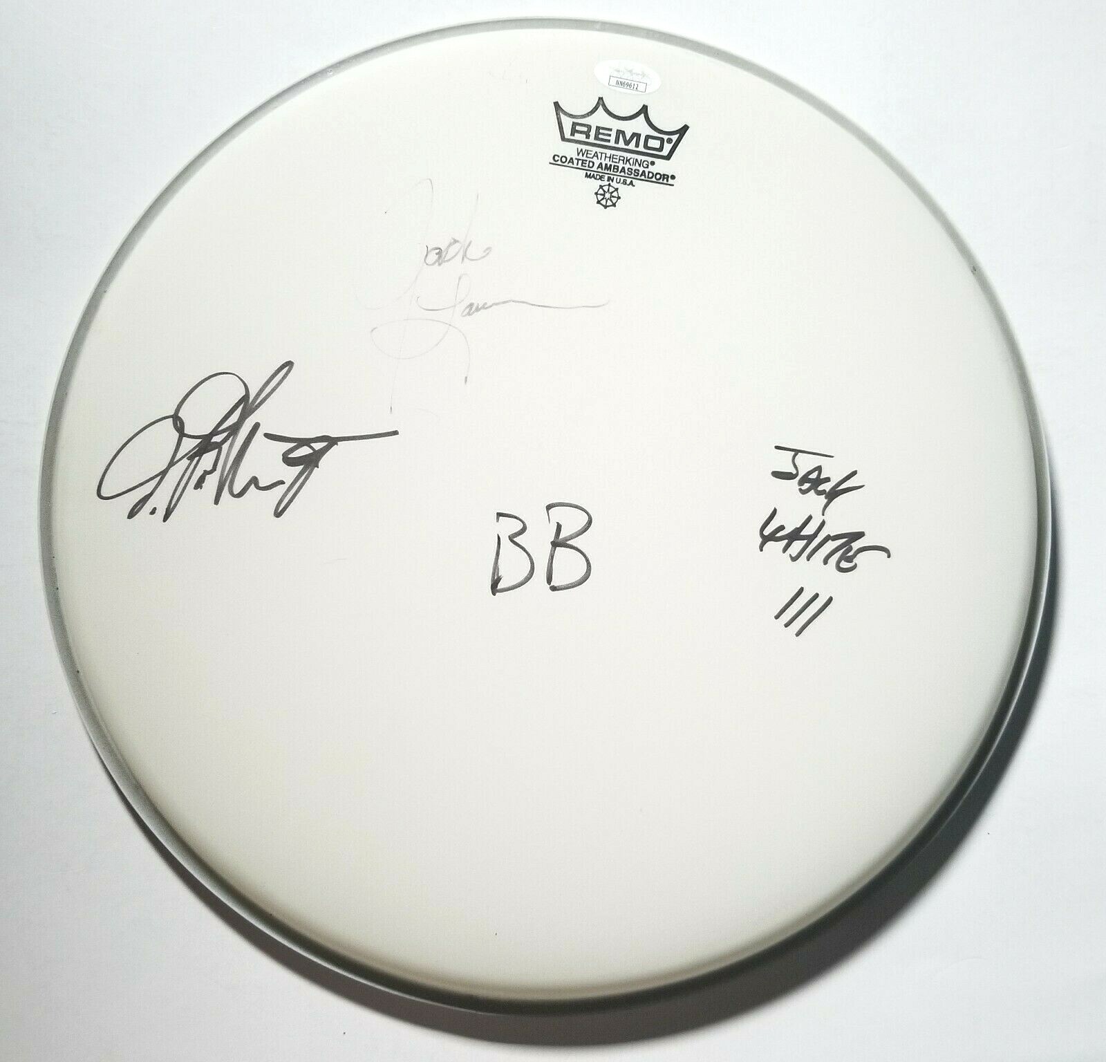 THE RACONTEURS SIGNED 14″ DRUMHEAD JSA COA JACK WHITE DEAD WEATHER WHITE STRIPES COLLECTIBLE MEMORABILIA