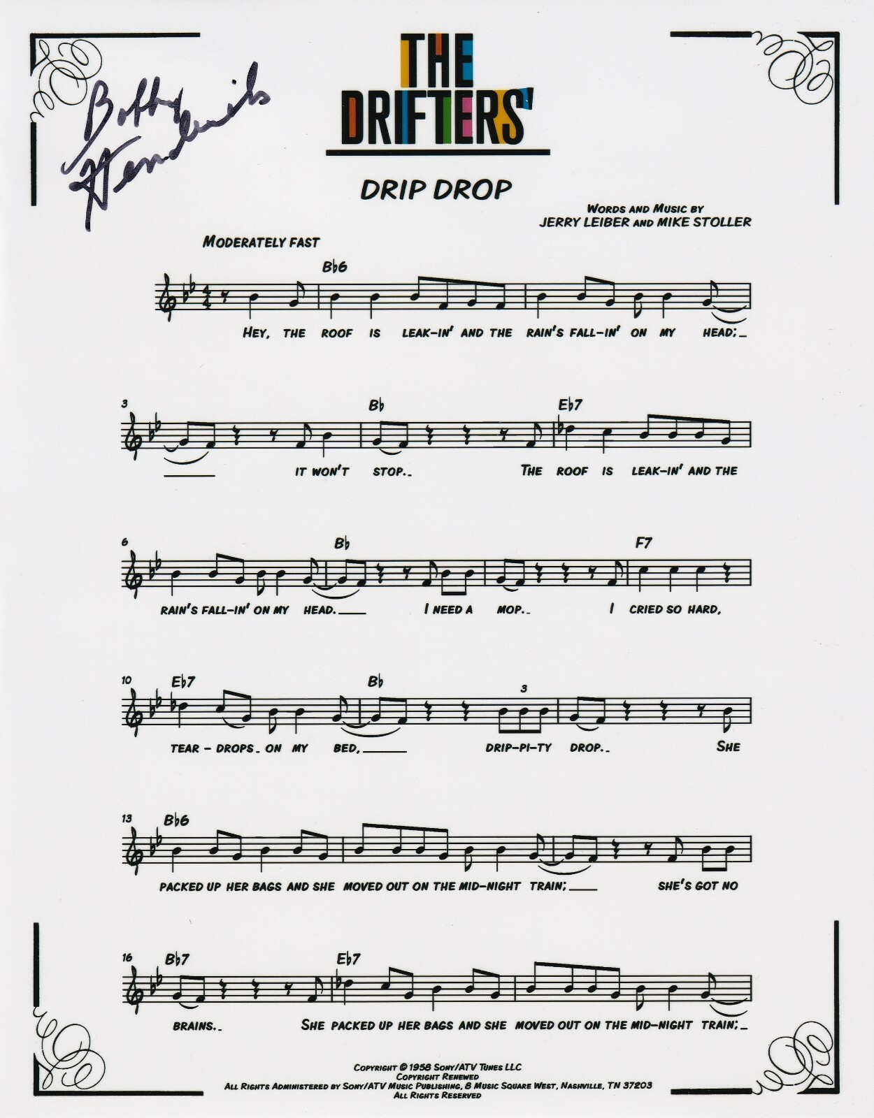 Bobby Hendricks of The Drifters REAL hand SIGNED Drip Drop Sheet Music COA