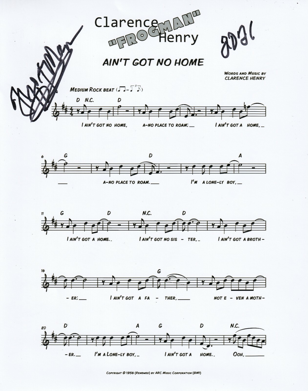 Clarence Frogman Henry REAL hand SIGNED Ain't Got No Home Sheet Music COA