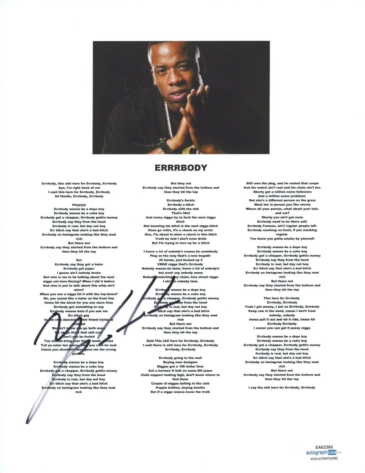 YO GOTTI SIGNED AUTOGRAPHED ERRRBODY SONG LYRIC SHEET RAPPER HIP HOP ACOA COA COLLECTIBLE MEMORABILIA