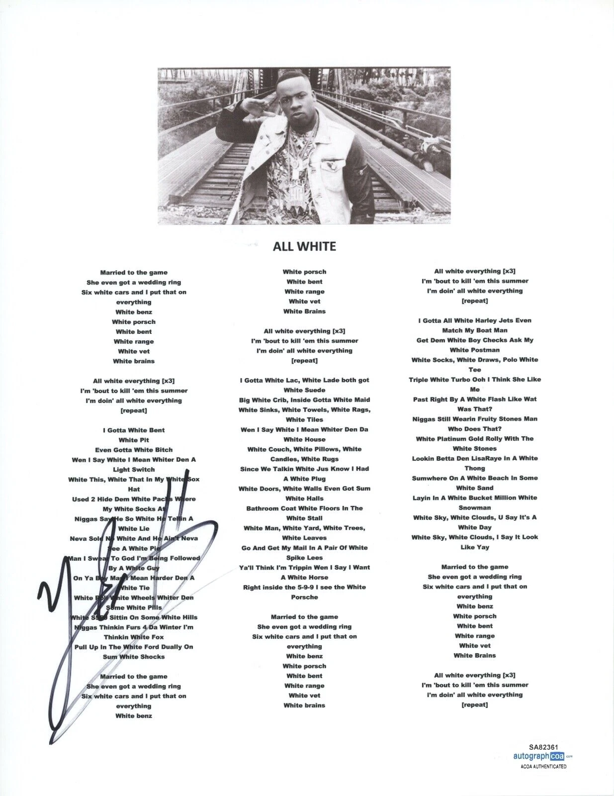 YO GOTTI SIGNED AUTOGRAPHED ALL WHITE SONG LYRIC SHEET RAPPER HIP HOP ACOA COA COLLECTIBLE MEMORABILIA