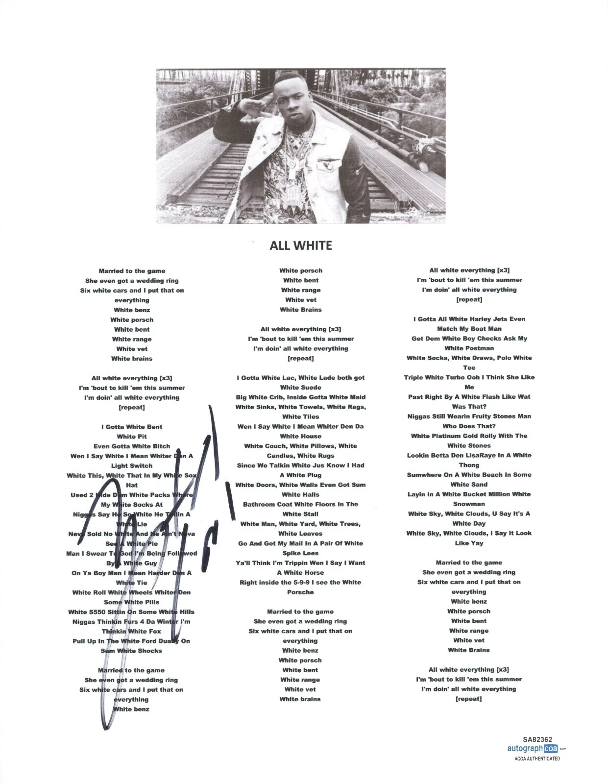 YO GOTTI SIGNED AUTOGRAPHED ALL WHITE SONG LYRIC SHEET RAPPER HIP HOP ACOA COA COLLECTIBLE MEMORABILIA