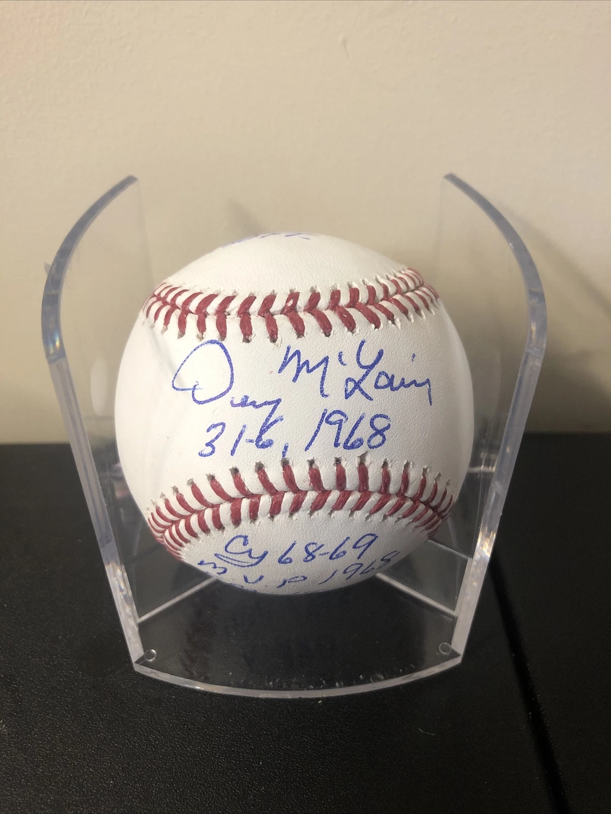 DETROIT TIGERS- DENNY MCLAIN SIGNED AUTOGRAPH STAT BASEBALL ROMLB TRISTAR COA