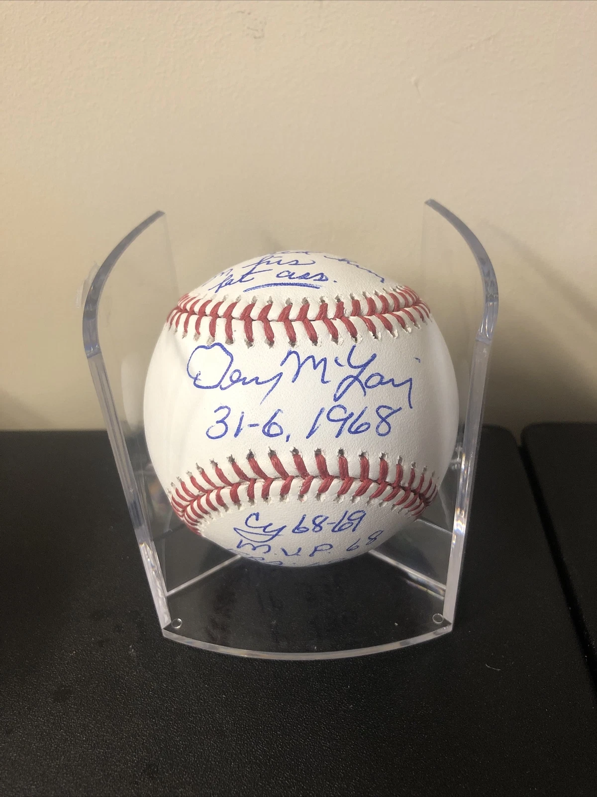 DETROIT TIGERS- DENNY MCLAIN SIGNED AUTOGRAPH STAT BASEBALL ROMLB TRISTAR COA