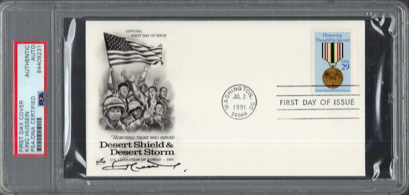 KING HUSSEIN SIGNED DESERT STORM FIRST DAY COVER   KING OF JORDAN   JSA+PSA SLAB