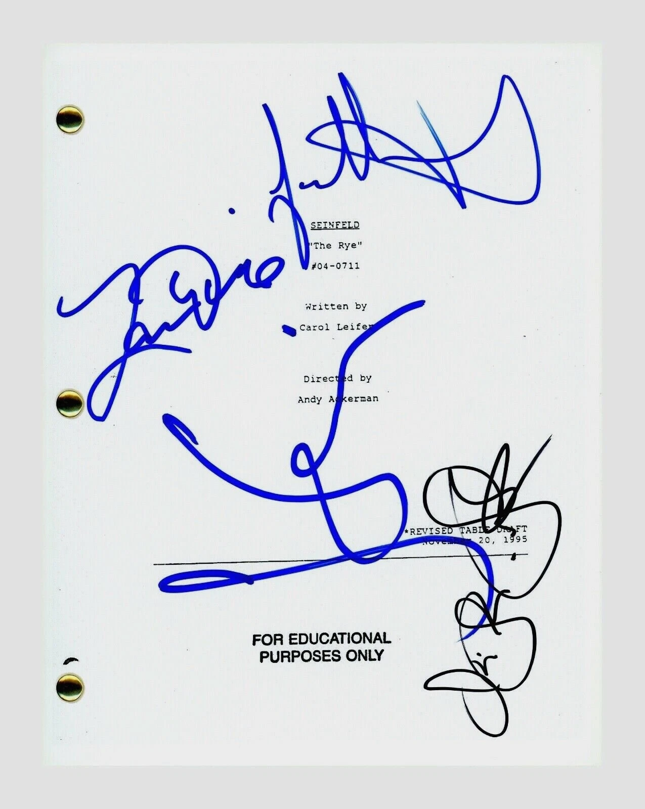 Seinfeld Cast Signed The Rye Script x4 Jerry Larry David Julia Jason ACOA COA