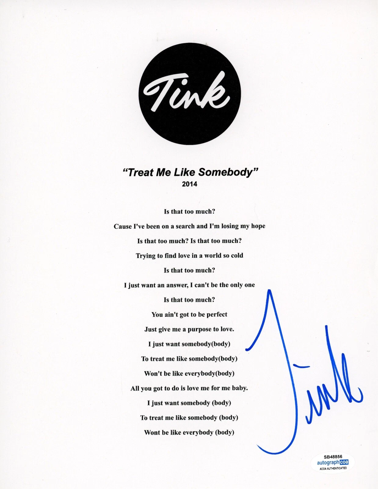 TINK RAP TREAT ME LIKE SOMEBODY SIGNED AUTOGRAPH LYRIC SHEET ACOA RAPPER