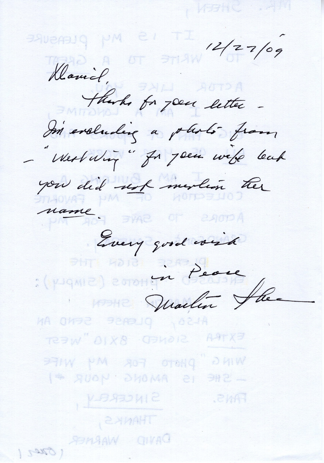 MARTIN SHEEN HAND SIGNED NOTE ON A FAN LETTER FROM 2009+COA       THE WEST WING