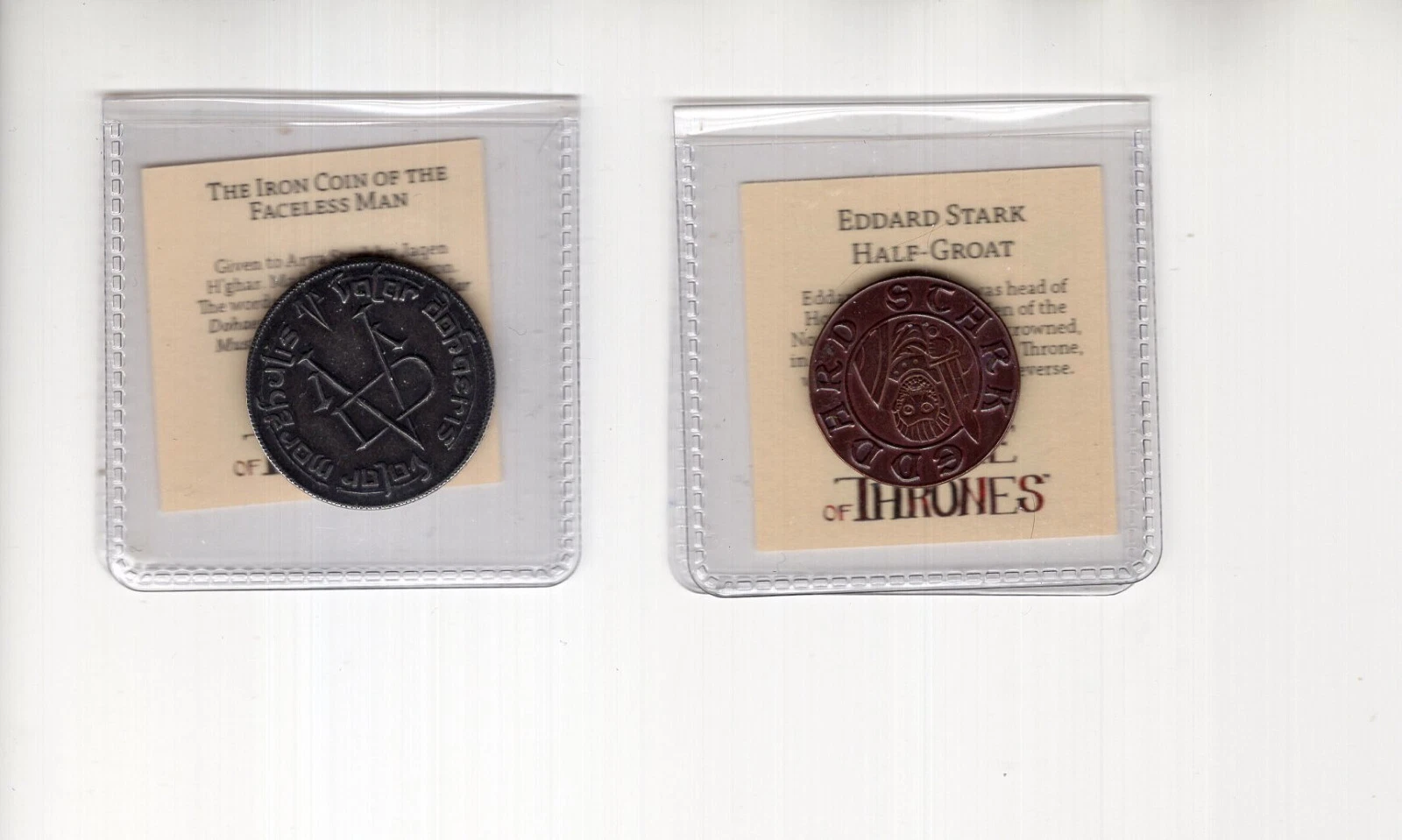 GAME OF THRONES LOT OF 2 COINS          EDDARD STARK HALF GROAT+THE FACELESS MAN