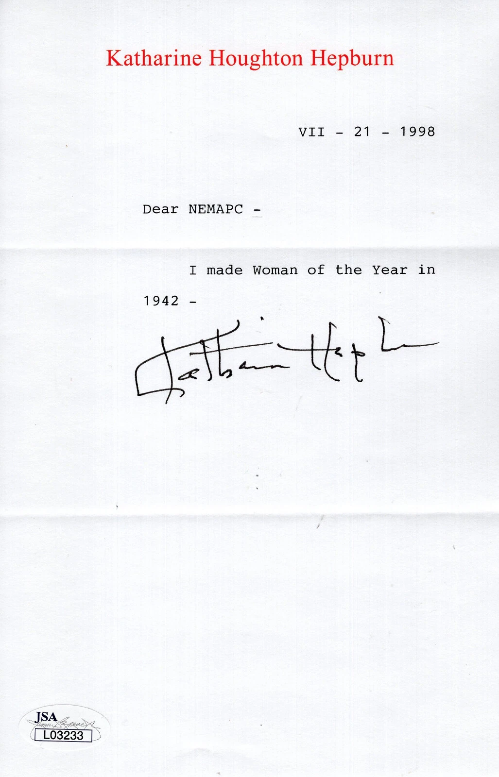 KATHARINE HEPBURN SIGNED LETTER ON LETTERHEAD        WOMAN OF YEAR 1942      JSA