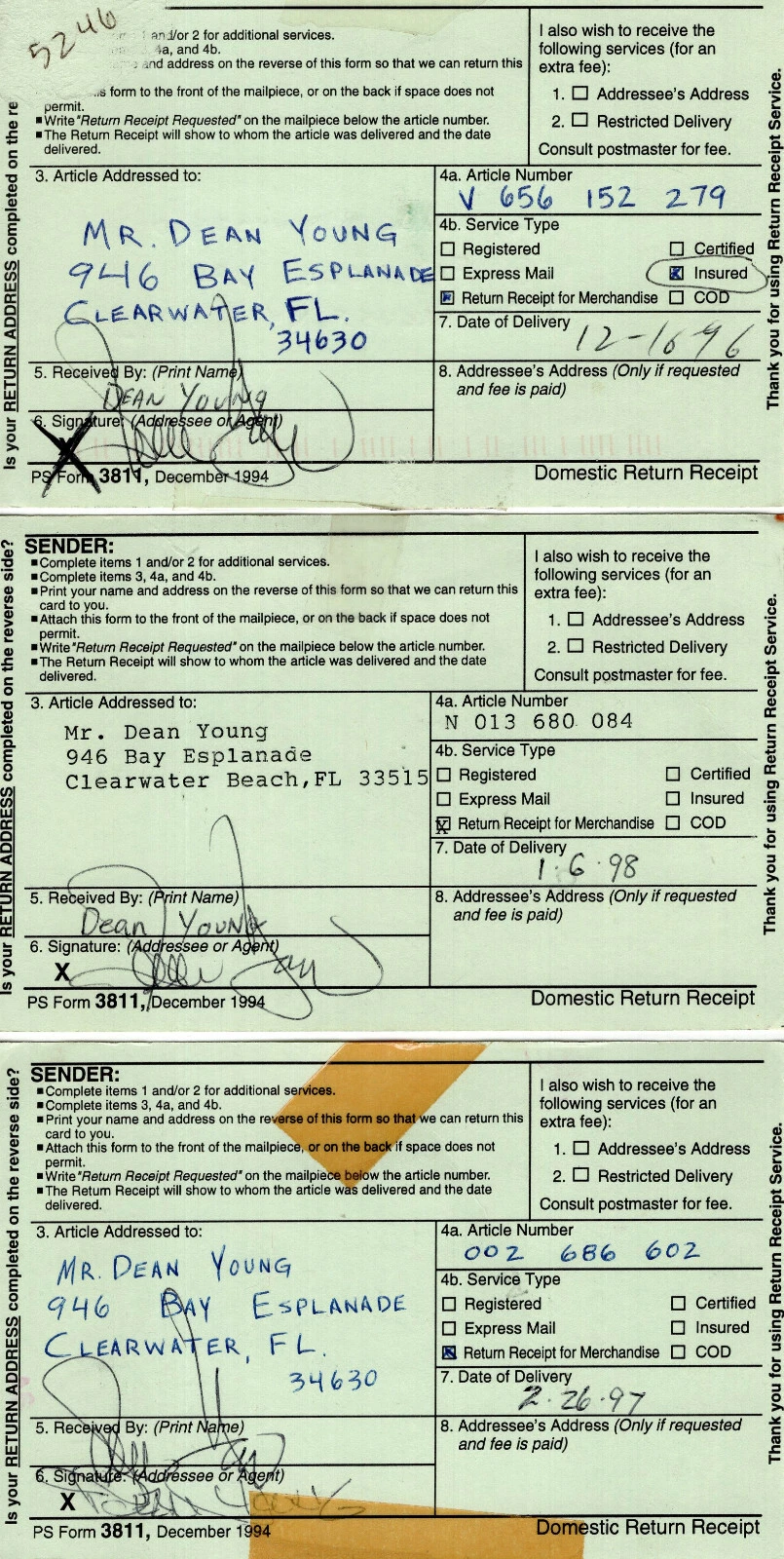 DEAN YOUNG LOT OF 3 HAND SIGNED POSTAL CARDS+COA       BLONDIE CARTOONIST