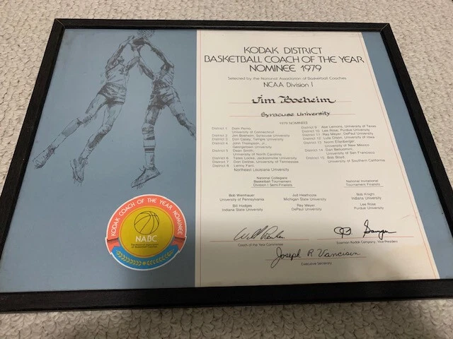 JIM BOEHEIM PERSONALLY OWNED KODAK COACH OF YEAR NOMINEE 1979           SYRACUSE