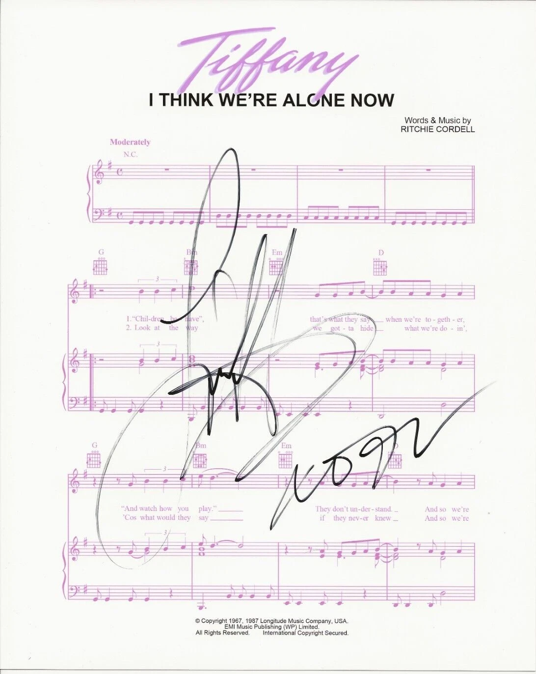 Tiffany SIGNED I Think We're Alone Now Sheet Music COA Autographed Darwish
