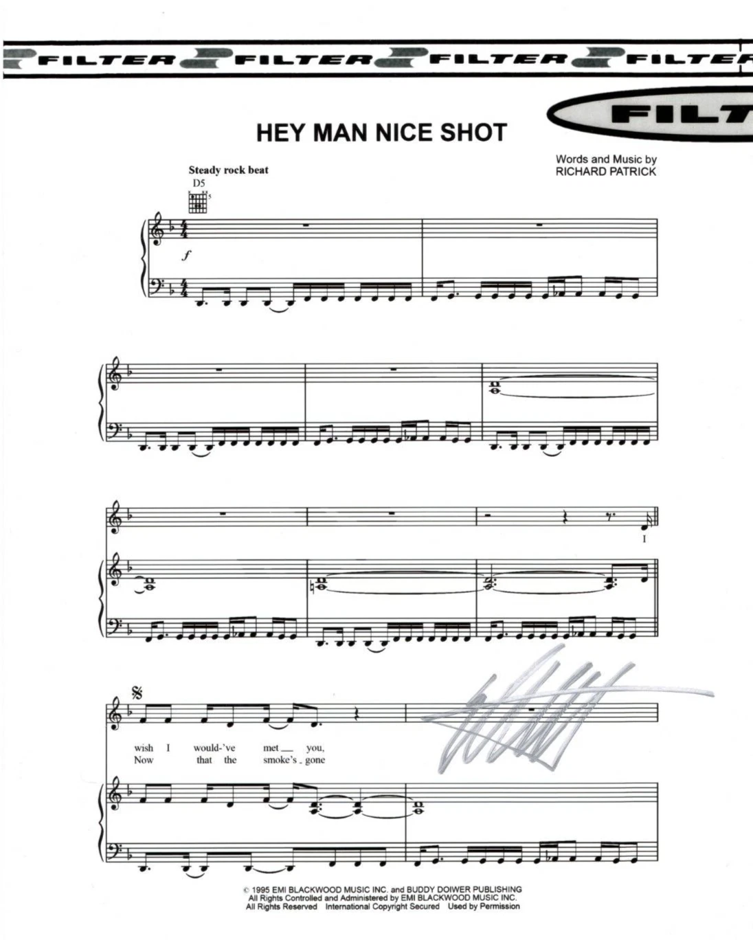 Richard Patrick of FILTER band REAL SIGNED Hey Man Nice Shot Sheet Music COA