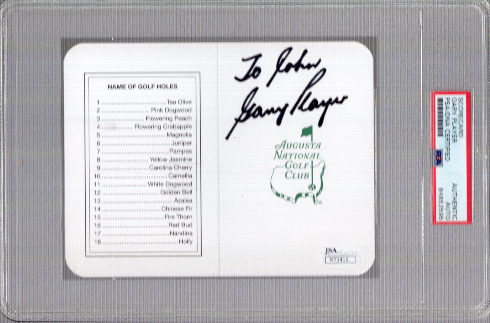 GARY PLAYER HAND SIGNED MASTERS SCORE CARD       SIGNED TO JOHN      PSA SLABBED