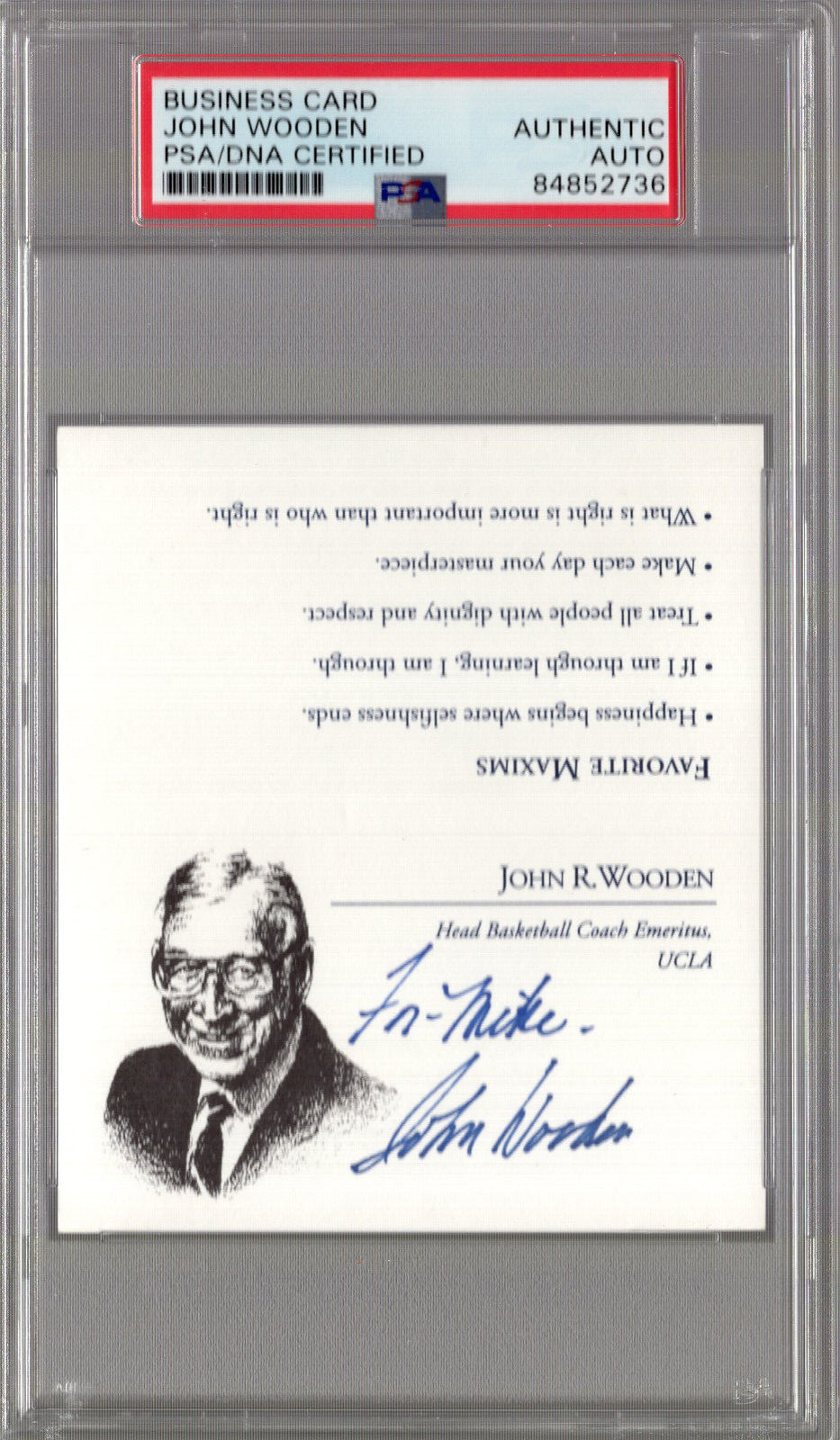 JOHN WOODEN HAND SIGNED PYRAMID OF SUCCESS BUSINESS CARD     TO MIKE    PSA SLAB