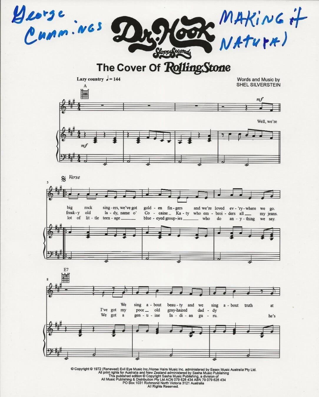 Dr. Hook George Cummings SINGED Cover of Rolling Stone Sheet Music #2 COA