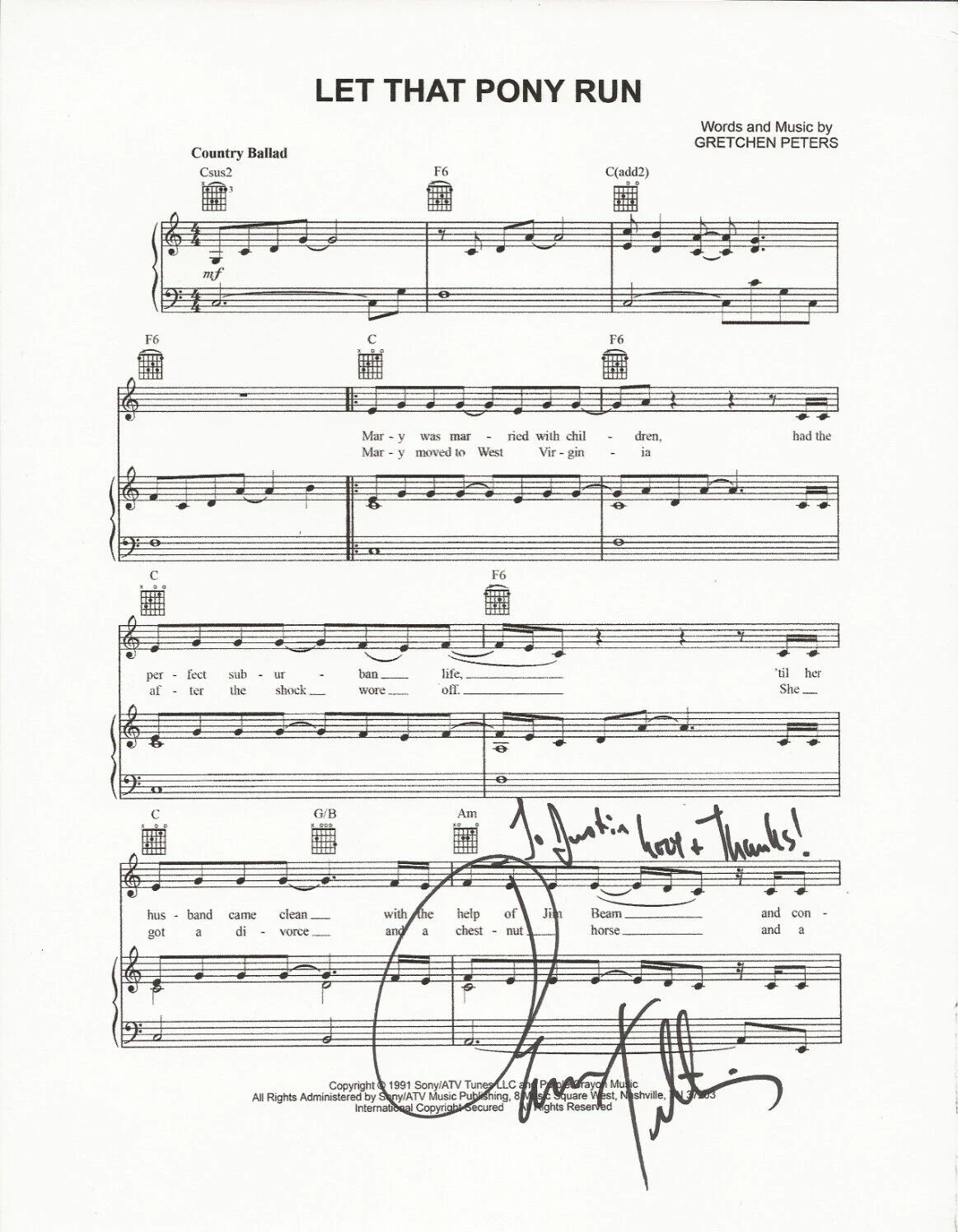 Pam Tillis REAL hand SIGNED Let That Pony Run Sheet Music COA Autographed