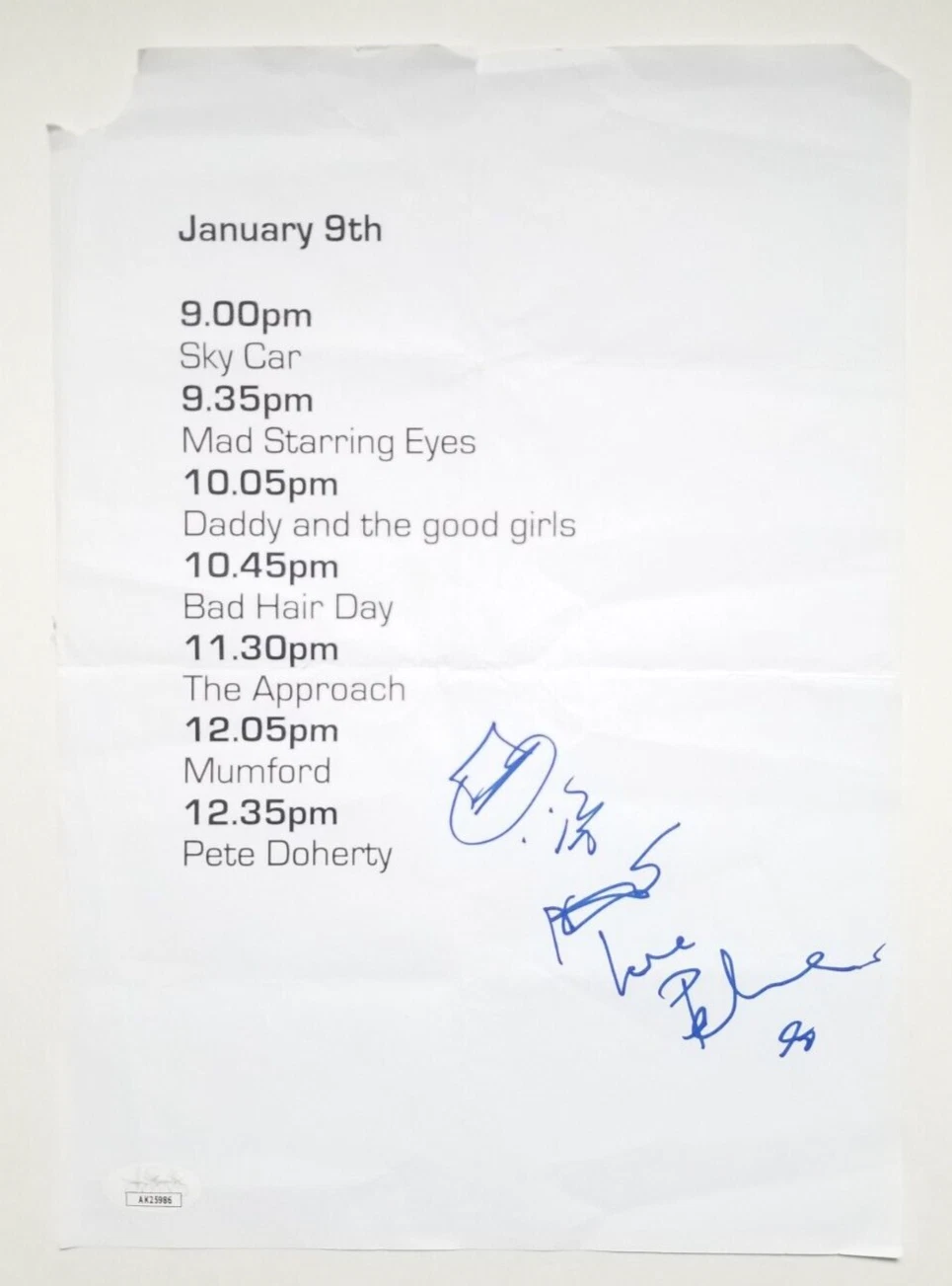 Pete Doherty The Libertines SIGNED Concert Used DOS sheet JSA COA artwork sketch