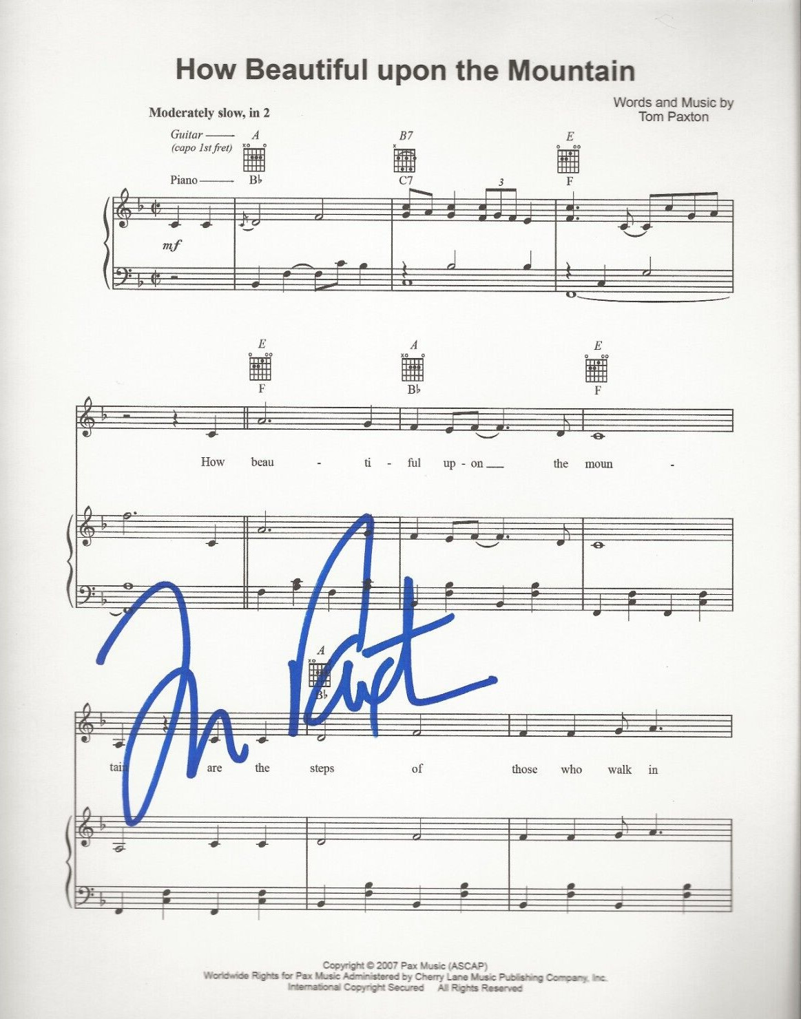 Tom Paxton SIGNED How Beautiful upon the Mountain Sheet Music COA Autographed