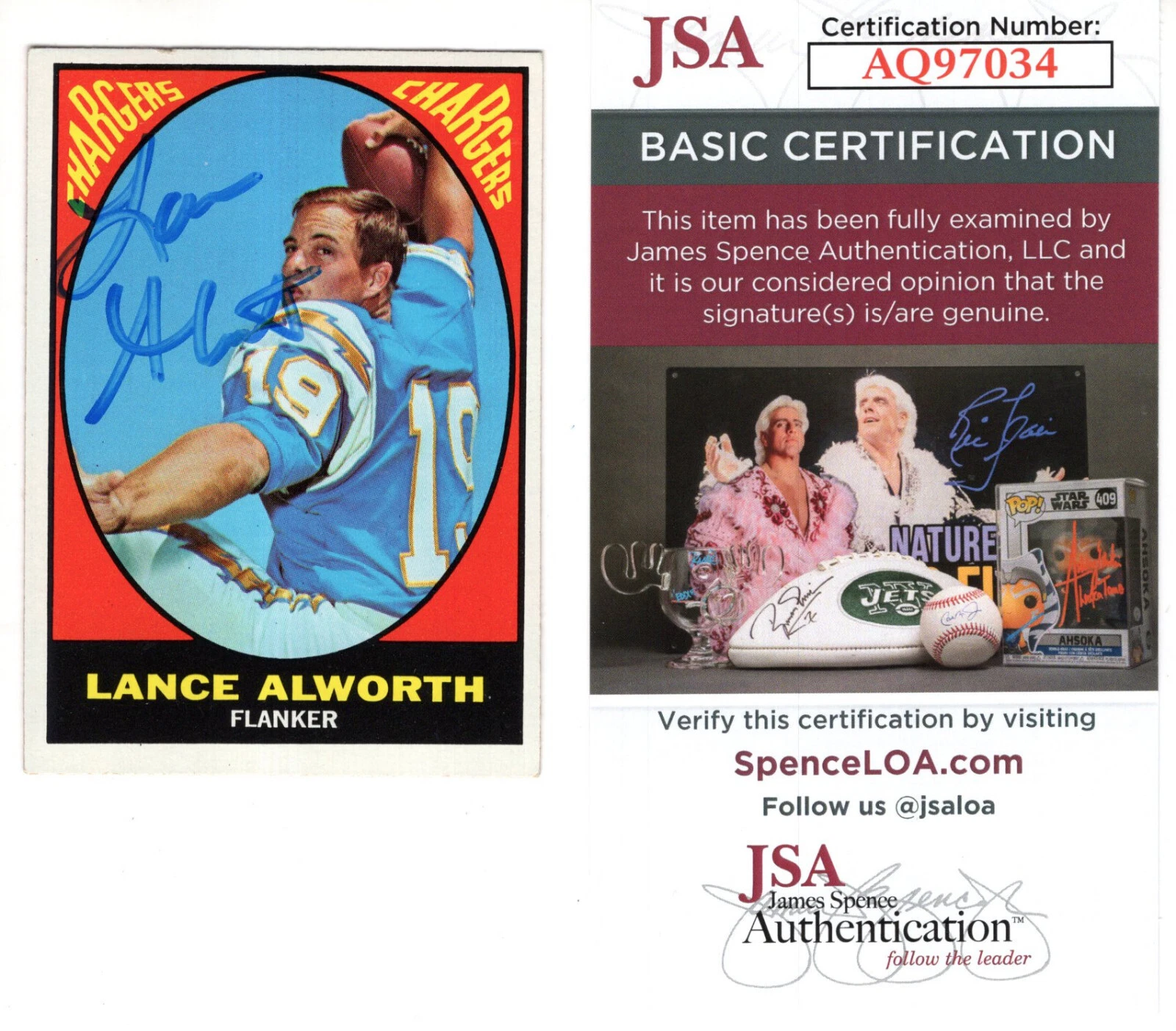 LANCE ALWORTH SIGNED 1967 TOPPS FOOTBALL TRADING CARD       CHARGERS HOF     JSA