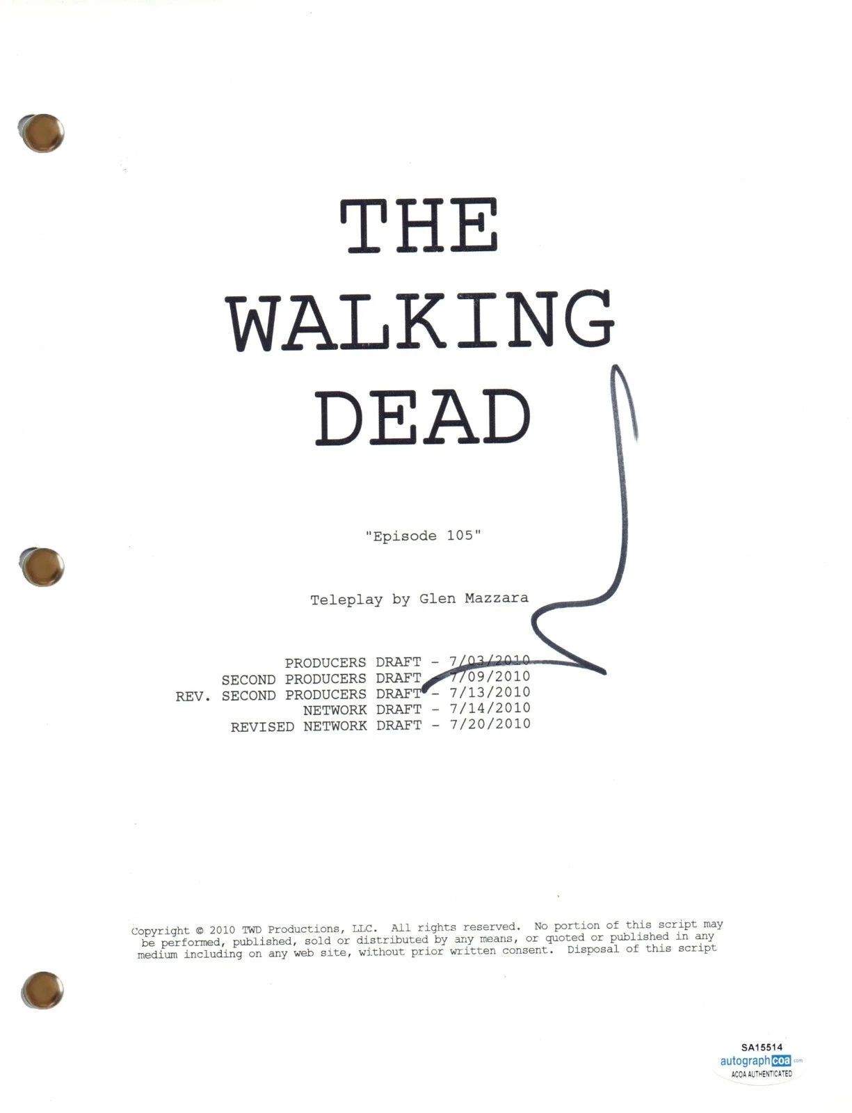 Norman Reedus Signed Autograph The Walking Dead Ep105 Script Screenplay ACOA