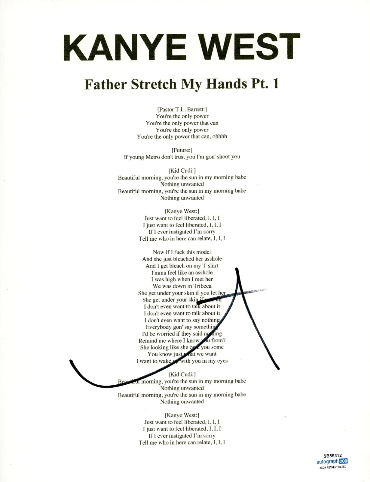 Kanye West Signed Autographed Father Stretch My Hands Pt. 1 Lyric Sheet ACOA COA