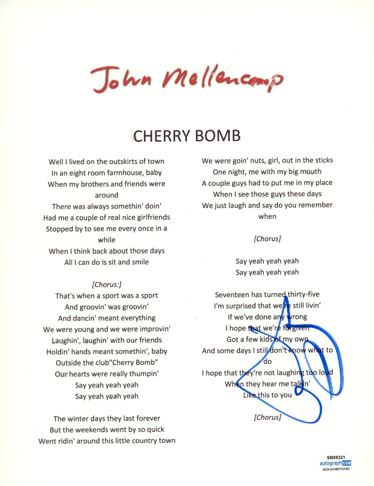 John Mellencamp Cougar Signed Autographed Cherry Bomb Lyric Sheet ACOA COA