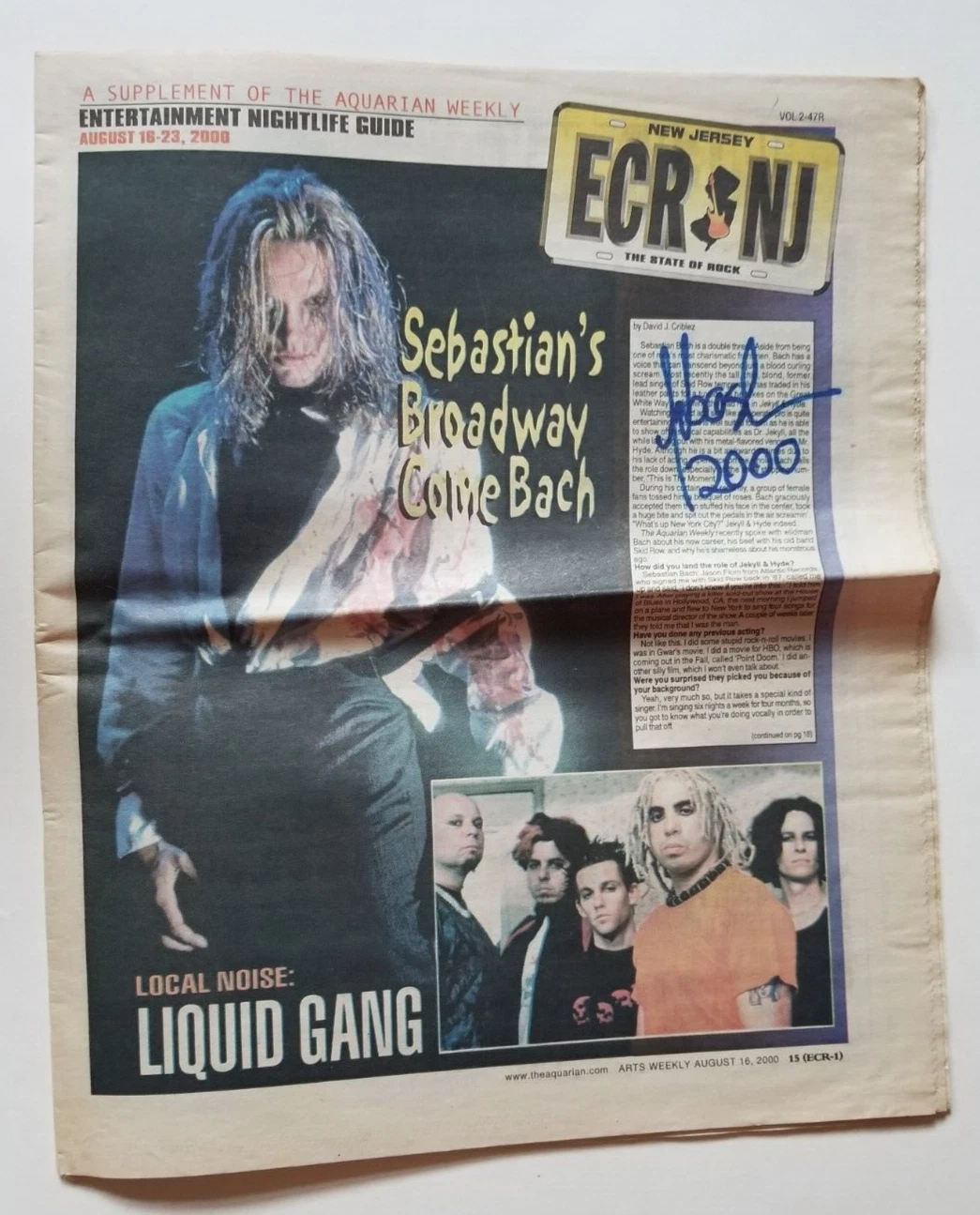Sebastian Bach of Skid Row SIGNED Entertainment Nightlife Paper COA Autographed
