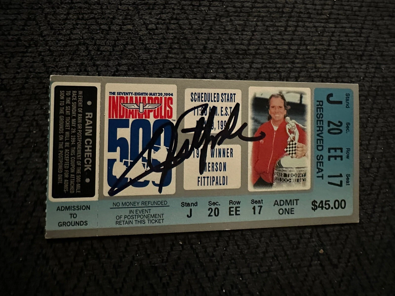 1994 Indy 500 Emerson Fittipaldi Signed Ticket Stub (1993 Indy Race Winner) Auto