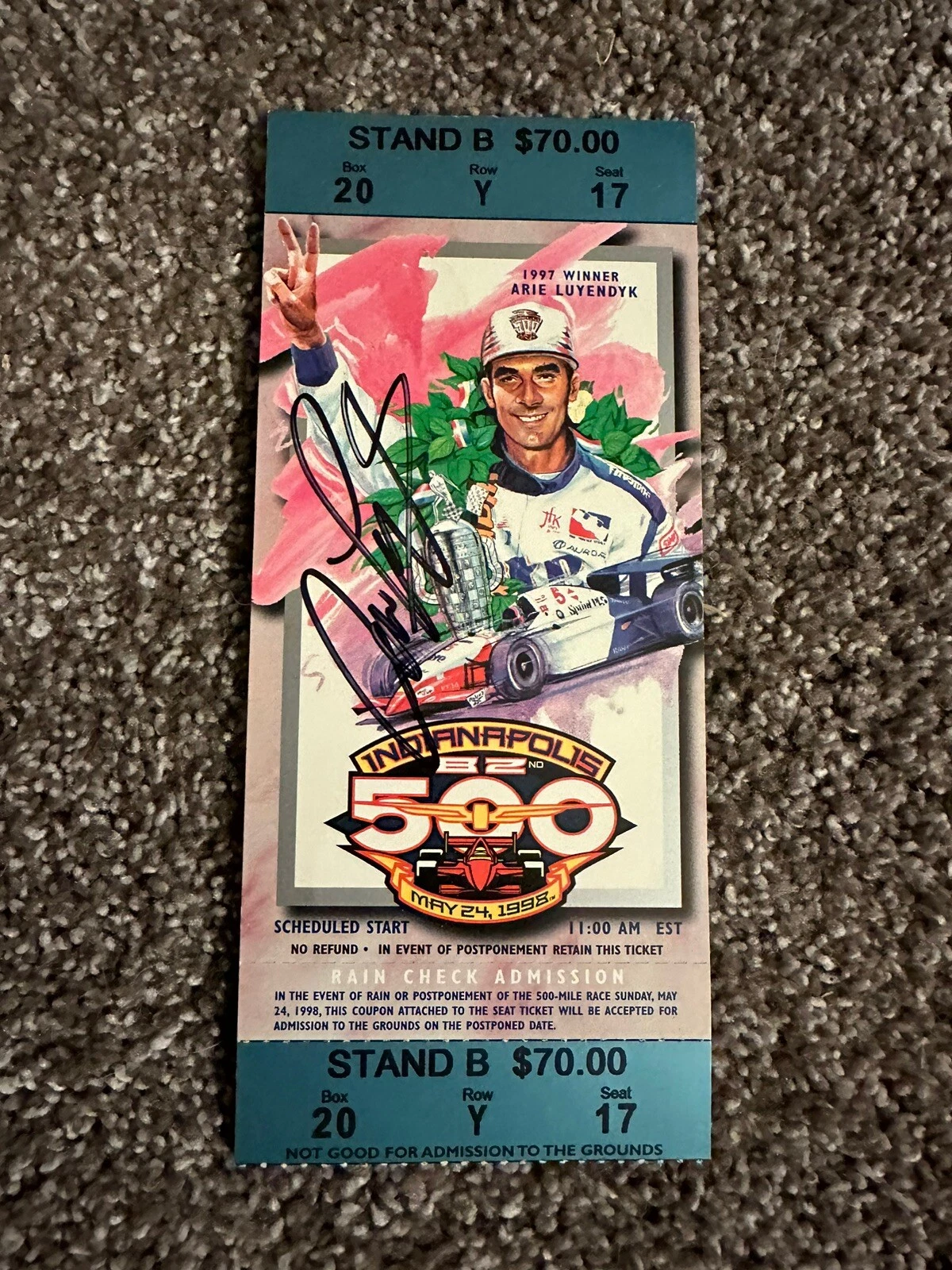 Arie Luyendyk (1997 Winner) Signed Indianapolis Indy 500 Ticket 1998 Race