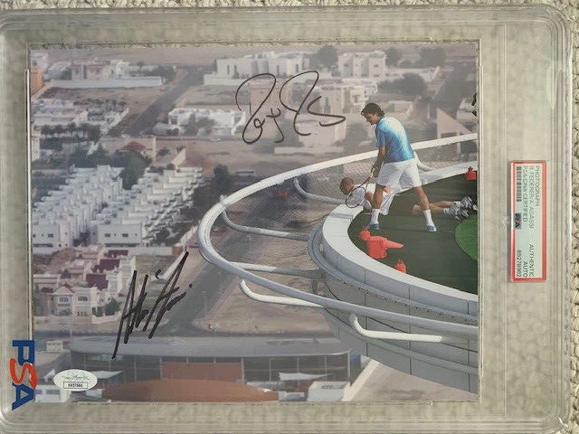 ROGER FEDERER+ANDRE AGASSI HAND SIGNED 8x10 COLOR PHOTO     RARE     PSA SLABBED