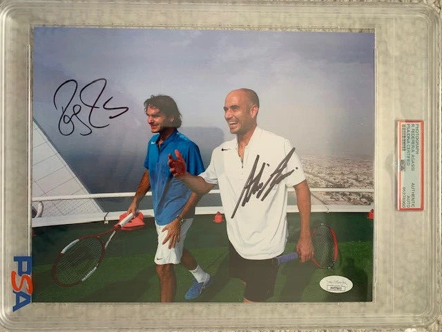 ROGER FEDERER+ANDRE AGASSI HAND SIGNED 8x10 COLOR PHOTO     RARE     PSA SLABBED