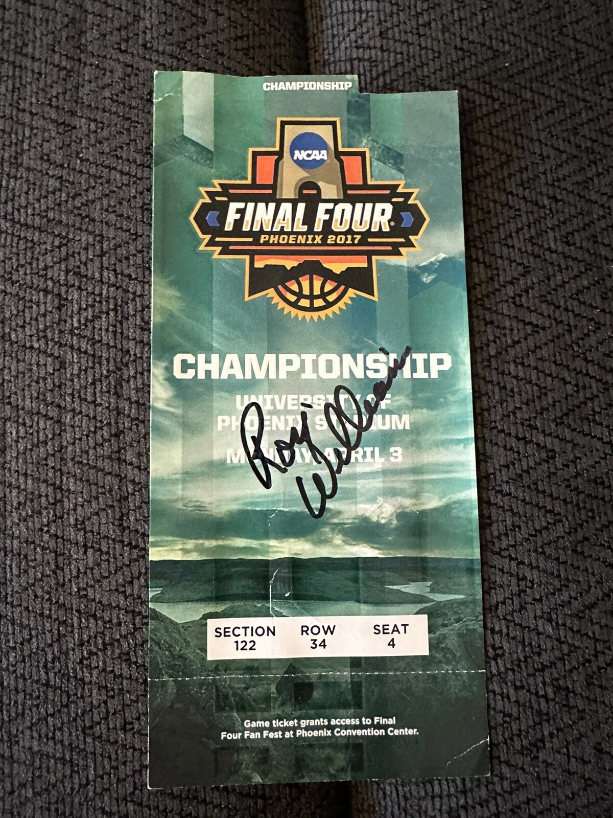 Coach Roy Williams Signed 2013 Final Four Championship Ticket Light Creasing