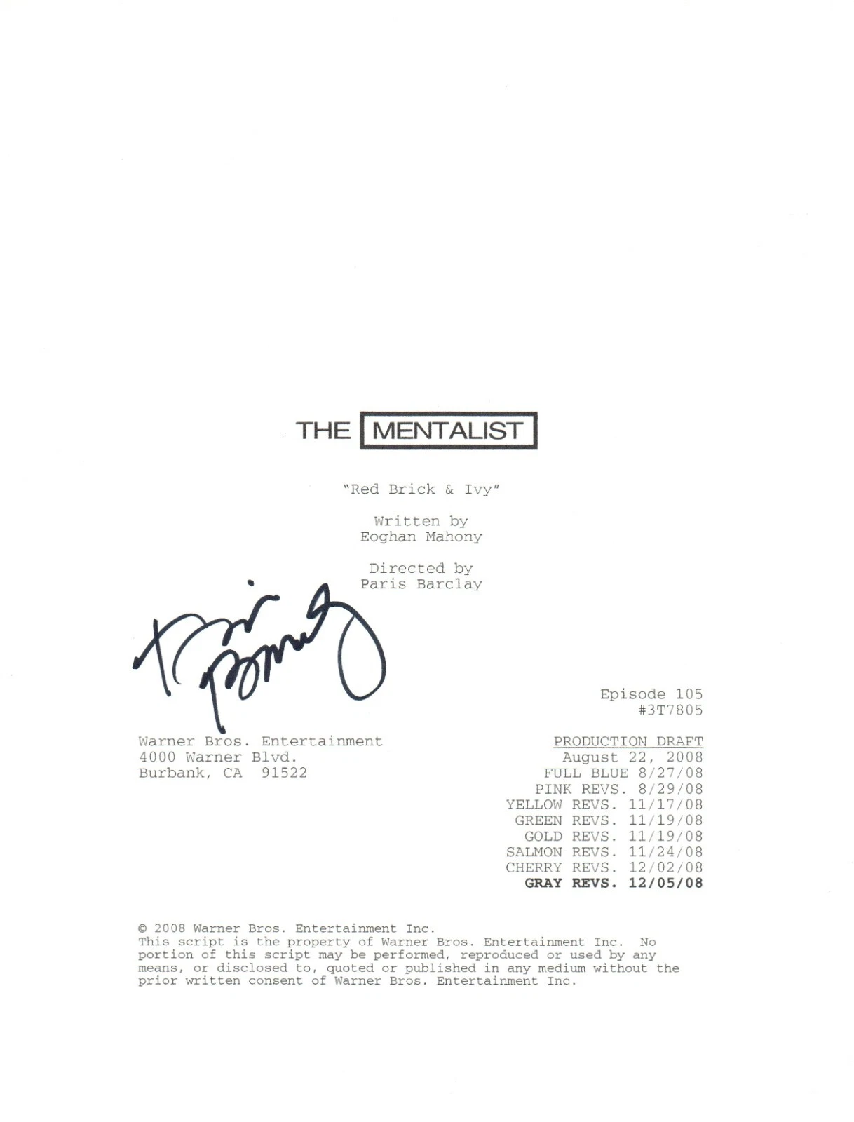 Paris Barclay The Mentalist Signed Autograph Episode 5 Full Script Director COA