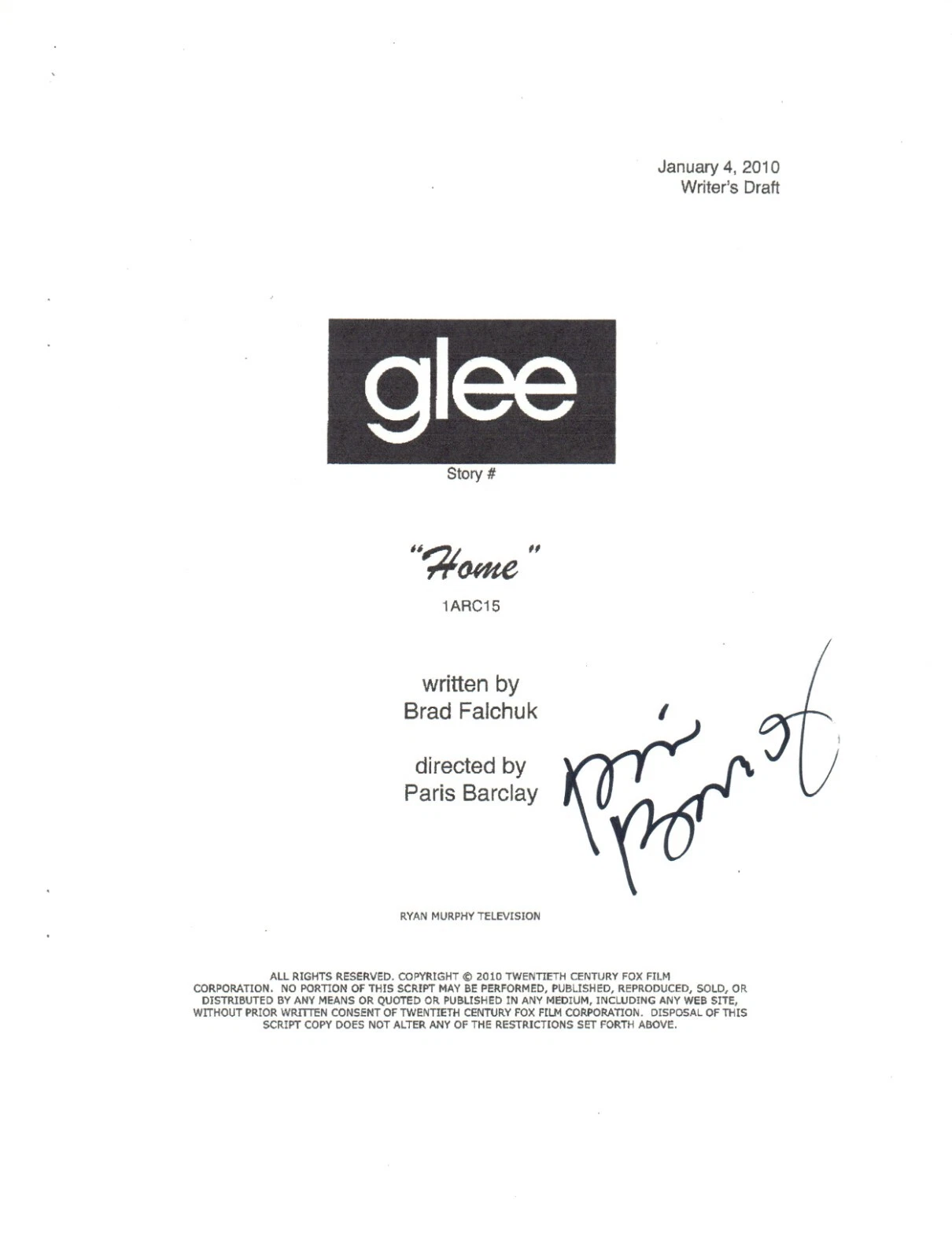 Paris Barclay GLEE Signed Autograph Episode Script Screenplay Director COA