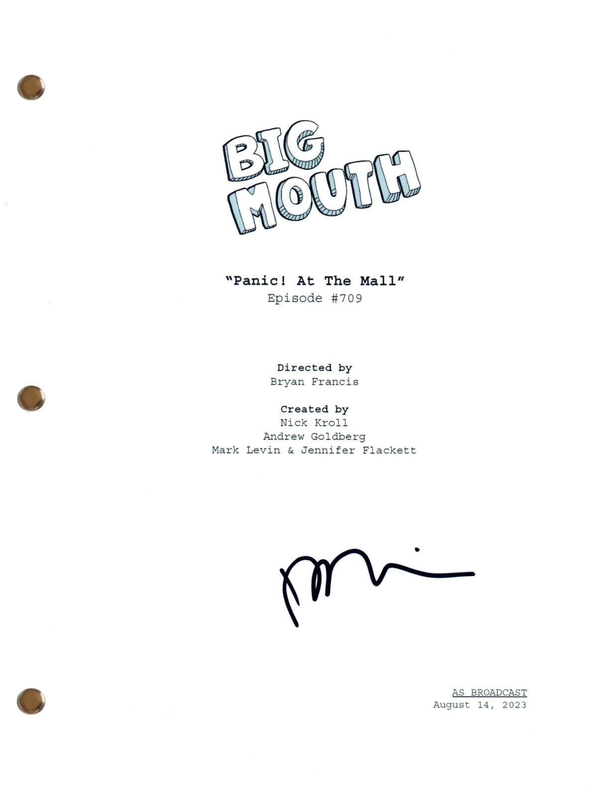 Fred Armisen BIG MOUTH Signed Autograph Episode Script 