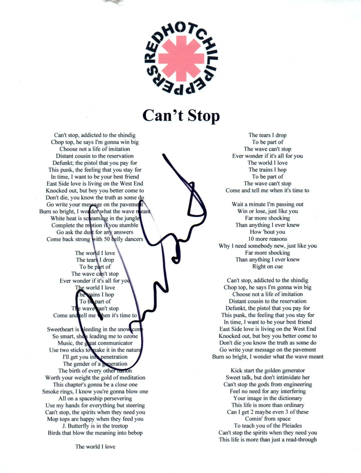 Chad Smith Red Hot Chili Peppers Signed 'Can't Stop' Autograph Lyric Sheet COA