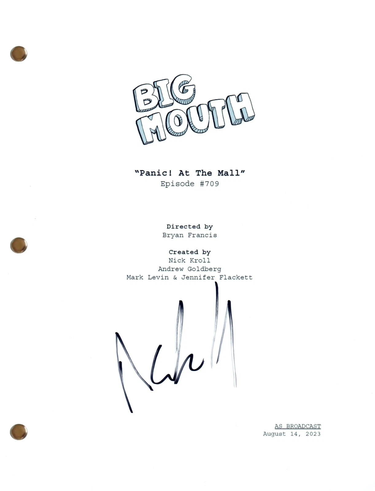Nick Kroll BIG MOUTH Signed Autograph Episode Script 