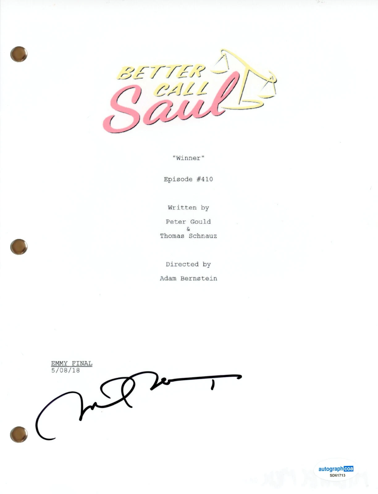 Michael McKean “Better Call Saul” Signed Autograph Winner Script Screenplay ACOA
